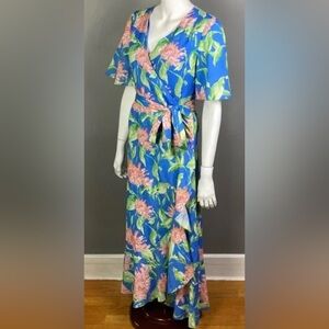 J. McLaughlin Audette Blue Floral Wrap Maxi Dress with Pink and Green Print